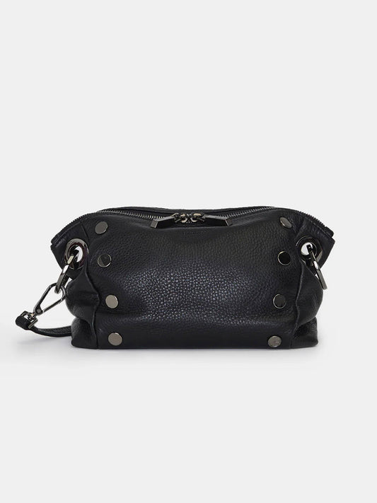 The Hammitt Los Angeles Daniel Crossbody Clutch Small in Black/Gunmetal, crafted from pebbled leather with metal studs, a zipper closure, and a detachable strap, is displayed against a plain white background.