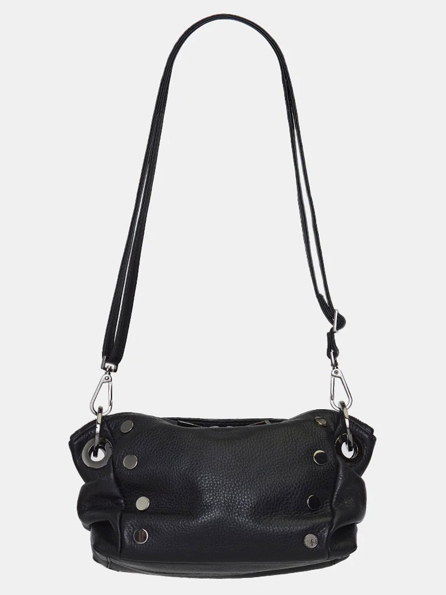 The Hammitt Los Angeles Daniel Crossbody Clutch Small in Black/Gunmetal features pebbled leather, silver grommet and stud accents, a long adjustable strap, and a slouchy silhouette.