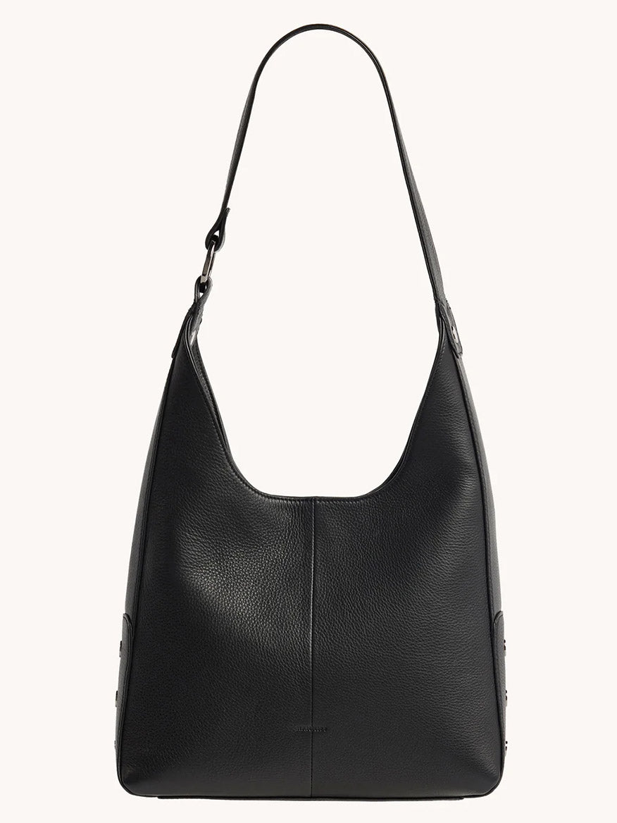 The Hammitt Los Angeles Tim Hobo in Black features black pebbled leather, a single strap, minimal stitching, a smooth structured shape, and a secure magnetic closure against a plain background.