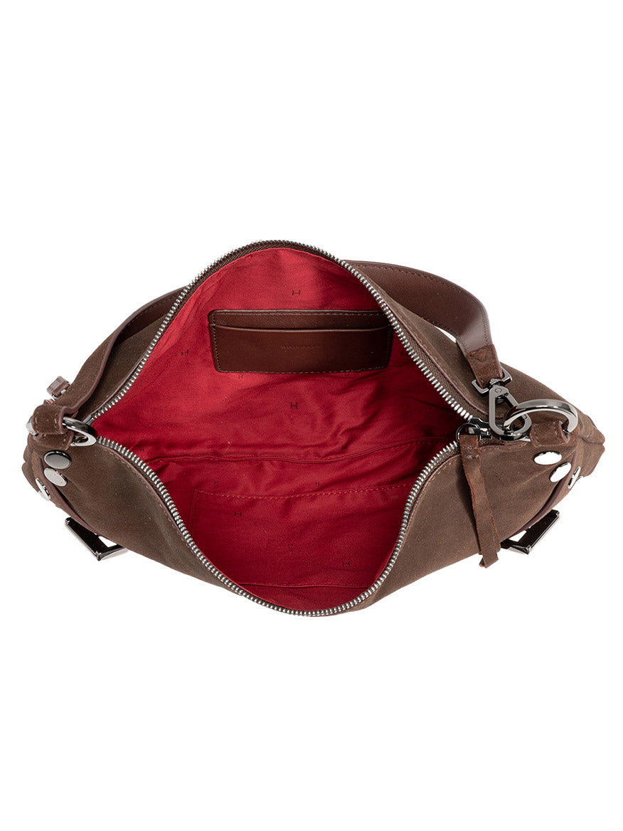 Open Belted Suede/Gunmetal Hammitt Los Angeles Kyle Medium Shoulder Bag featuring a red fabric interior, zippered main compartment, and interior pockets.