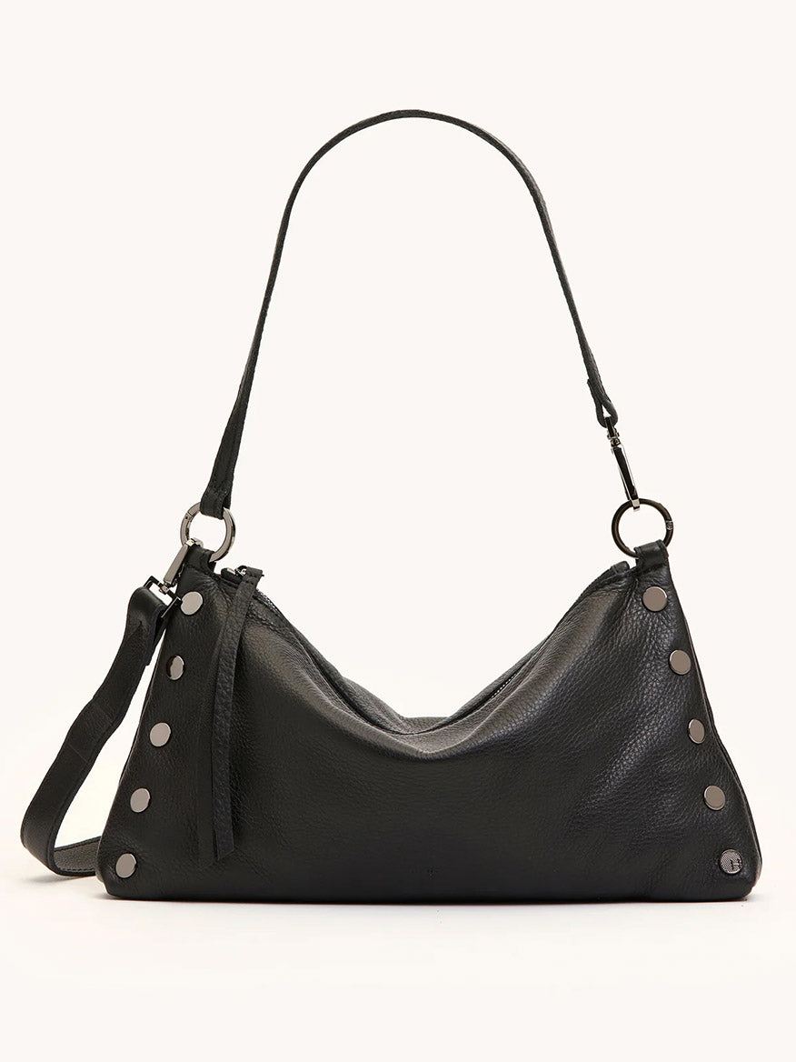 The Hammitt Los Angeles Kyle Medium Shoulder Bag in Black/Gunmetal features textured pebble leather, metal rivet accents, and dual straps, shown against a plain light background.