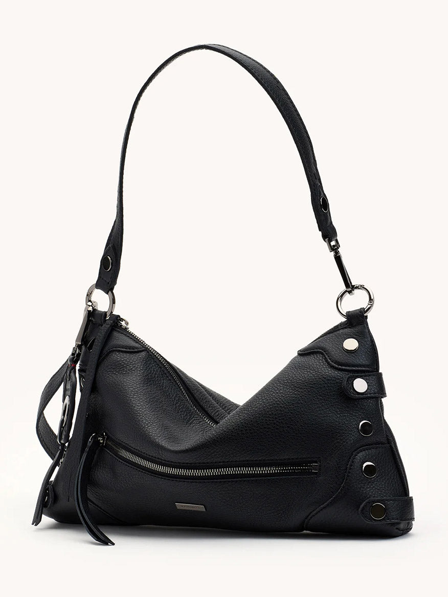 The Hammitt Los Angeles Kyle Medium Shoulder Bag in Moto Black/Gunmetal features sleek leather, gunmetal hardware, a front zipper pocket, and side grommets. Wear it as a shoulder or crossbody bag for versatile style.