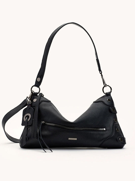 The Hammitt Los Angeles Kyle Medium Shoulder Bag in Moto Black/Gunmetal features silver hardware, a zippered front pocket, and an attached keychain accessory, displayed against a plain light background.