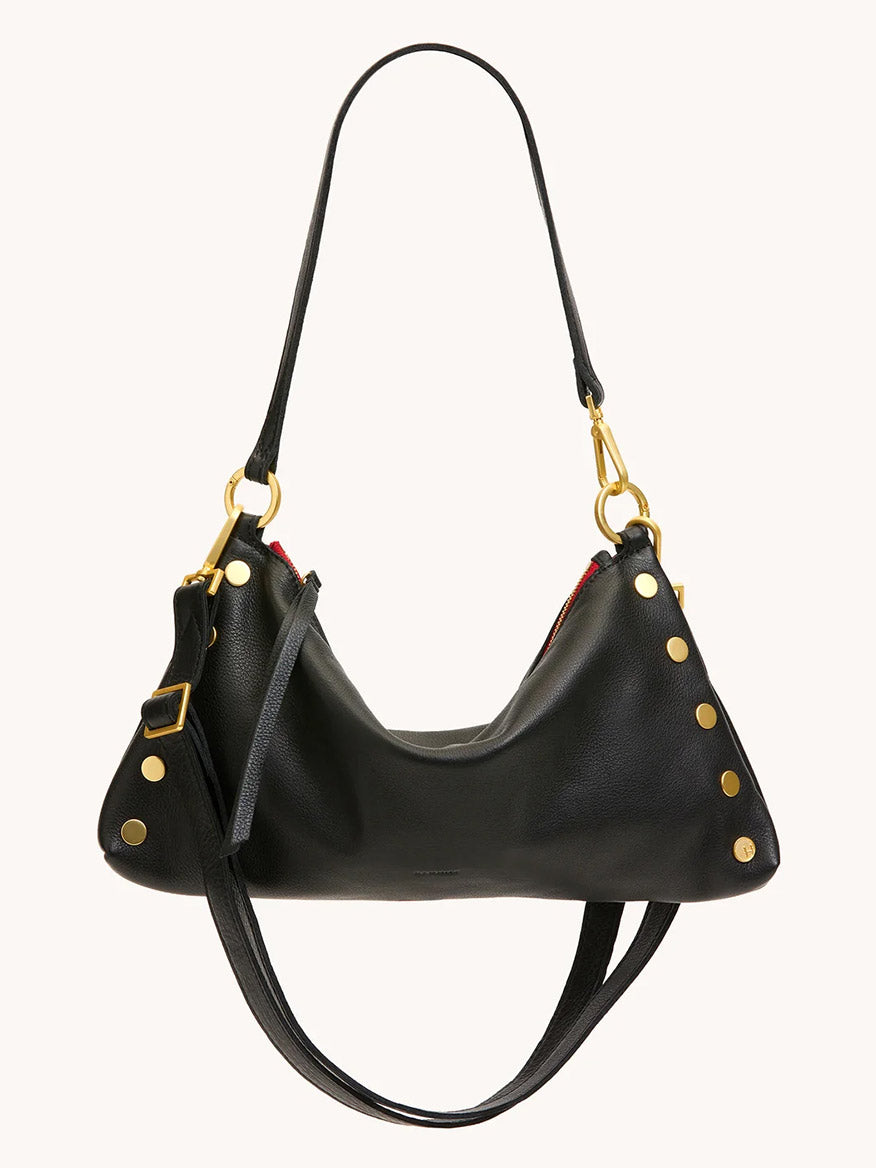 Introducing the Hammitt Los Angeles Kyle Medium Shoulder Bag in Black/Brushed Gold/Red Zip: crafted in black pebble leather with gold hardware, red zip lining, and a detachable strap for crossbody or shoulder wear.