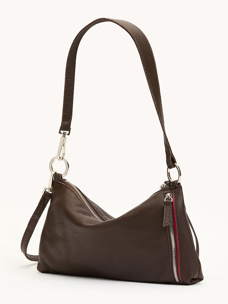 The Hammitt Los Angeles Kyle Shoulder Bag in Espresso Pebble/Silver features premium brown pebble leather, silver hardware, two visible zippers, and an adjustable crossbody strap.