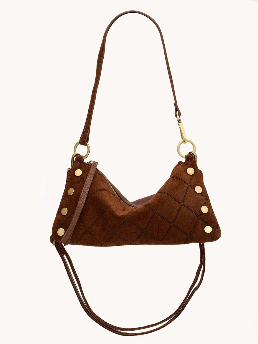 The Hammitt Los Angeles Kyle Shoulder Bag in Chocolate Diamond Suede/Antique Gold features a quilted pattern, gold studs along the sides, and two shoulder straps, displayed against a plain background.