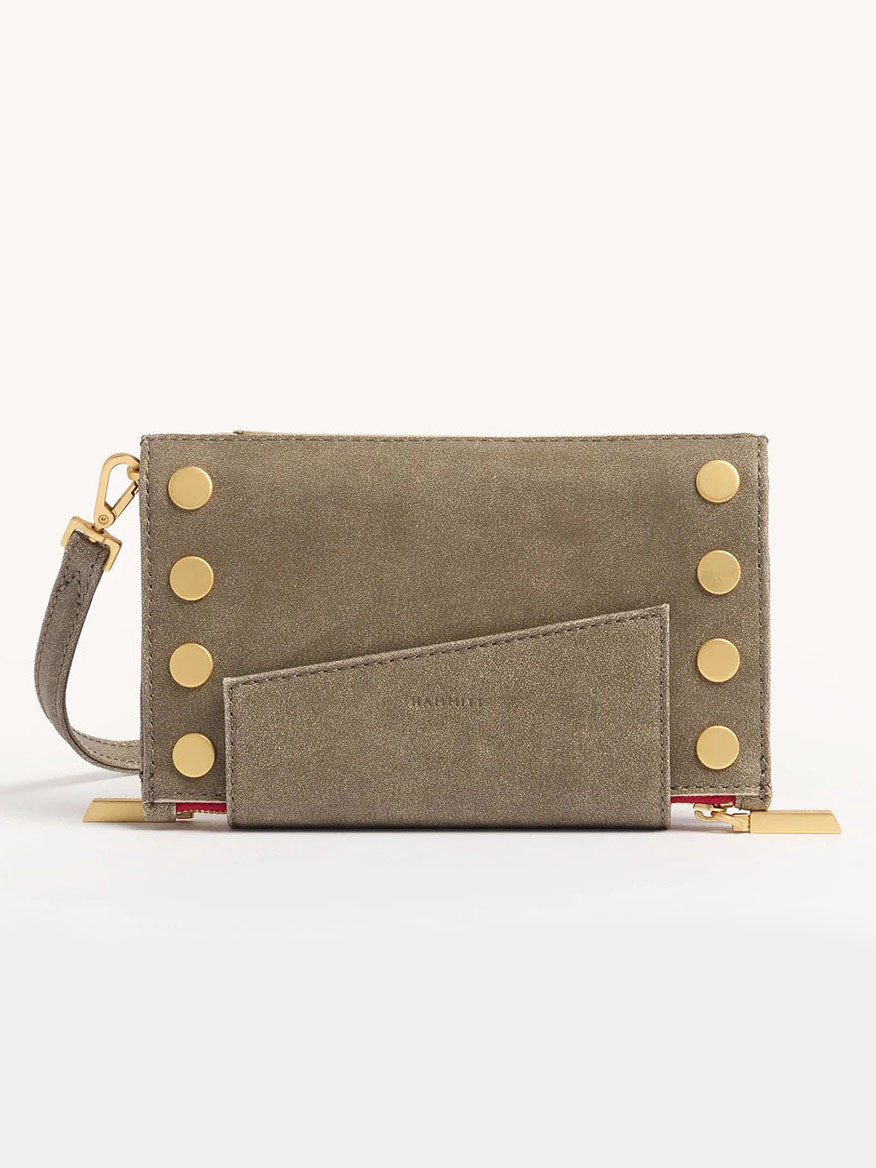 The Hammitt Los Angeles Levy Clutch in Pewter/Brushed Gold features a suede finish, gold stud accents, a detachable wrist strap, and comes with a matching rectangular card holder partially tucked in front.