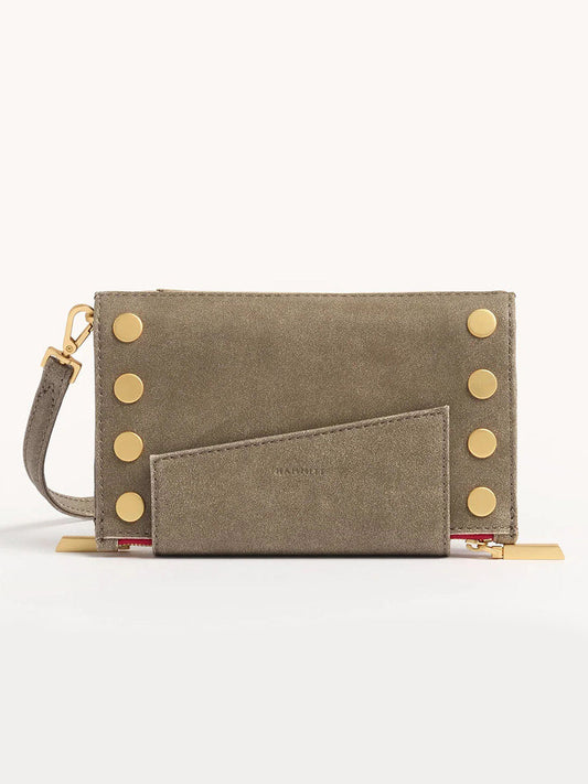 The Hammitt Los Angeles Levy Clutch in Pewter/Brushed Gold features a suede finish, gold stud accents, a detachable wrist strap, and comes with a matching rectangular card holder partially tucked in front.