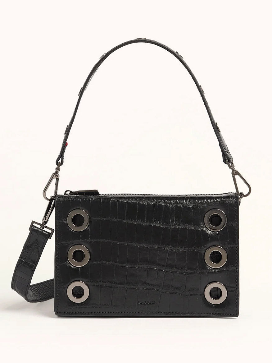 The Hammitt Los Angeles Montana Clutch Sml in Evening Crocco/Gunmetal is a black rectangular evening bag with Italian crocco-embossed leather, six front metal grommets, a short handle, and a detachable shoulder strap.