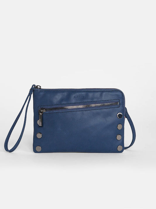 Hammitt Los Angeles Nash Small Clutch in Vintage Navy with front zipper and stud accents on a white background.