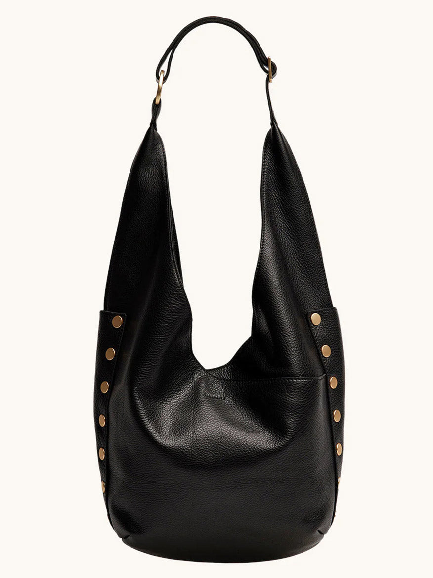 The Hammitt Los Angeles Tom Zip Large in Black/Brushed Gold/Red Zip is a spacious hobo bag with a single shoulder strap and gold-tone stud accents—perfect for stylishly carrying all your daily essentials.