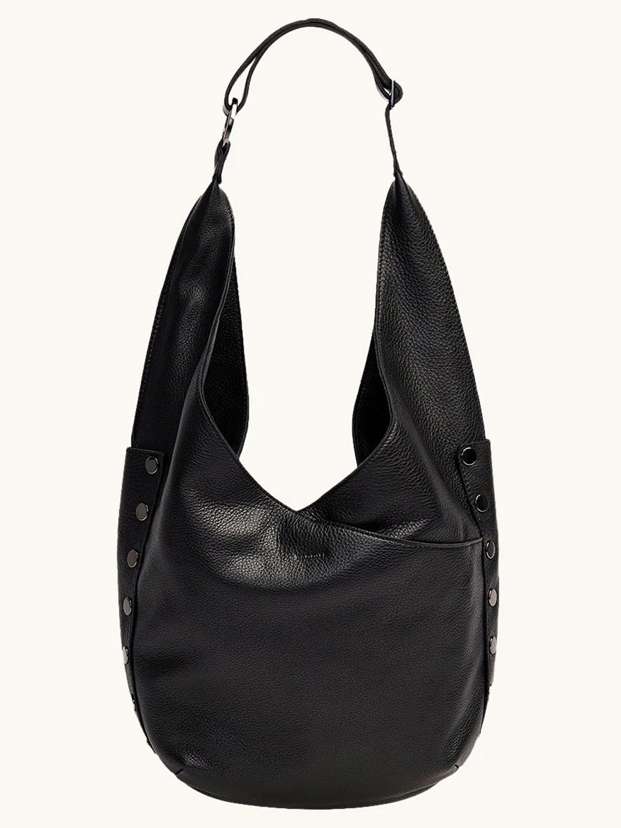 The Hammitt Los Angeles Tom Zip Large in Black/Gunmetal is a black pebbled leather hobo bag with a single shoulder strap and gunmetal rivet accents on the sides.