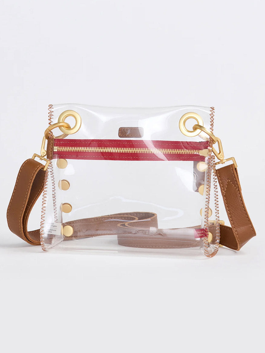 The Hammitt Los Angeles Tony Small Crossbody Bag features clear mahogany pebble, a red zipper, gold-tone hardware, an adjustable brown leather strap, and a stadium-approved design.