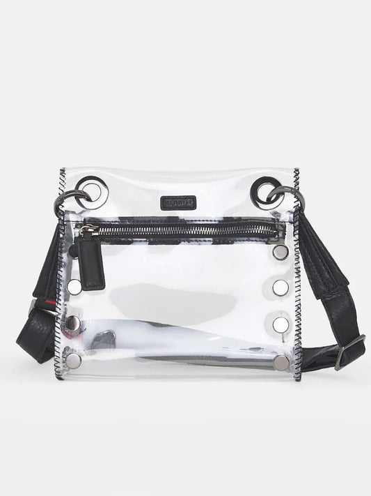 Hammitt Los Angeles Tony Small Crossbody Bag in Clear Black & Gunmetal transparent crossbody bag with black trim and silver-tone hardware, designed with clear TPU for stadium-approved entry.