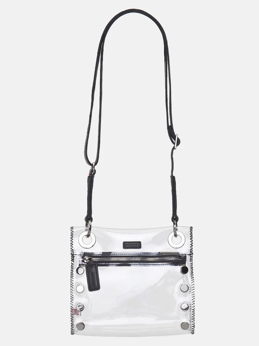 Hammitt Los Angeles Tony Small Crossbody Bag in Clear Black & Gunmetal transparent shoulder bag with black trim and silver-tone hardware, featuring a stadium-approved clear TPU crossbody design.