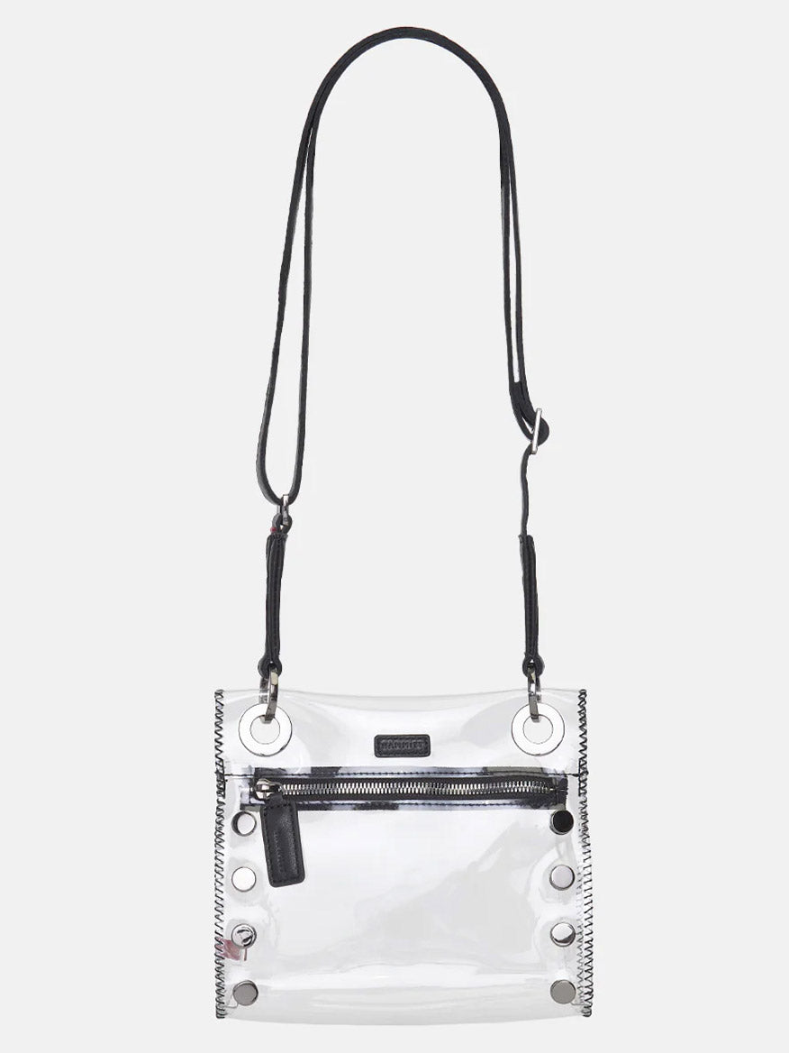 The Hammitt Los Angeles Tony Small Crossbody Bag in Clear Black/Gunmetal features black trim, metal grommets, a front zipper pocket, and an adjustable strap—ideal for stylish, stadium-approved security at any event.