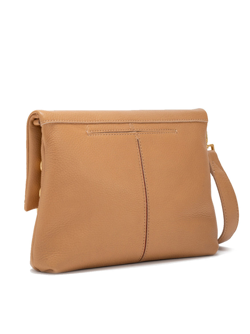 The Hammitt Los Angeles VIP Medium Clutch in Toast Tan/Brushed Gold, made from pebbled leather with visible stitching and a side strap, is showcased against a white background.