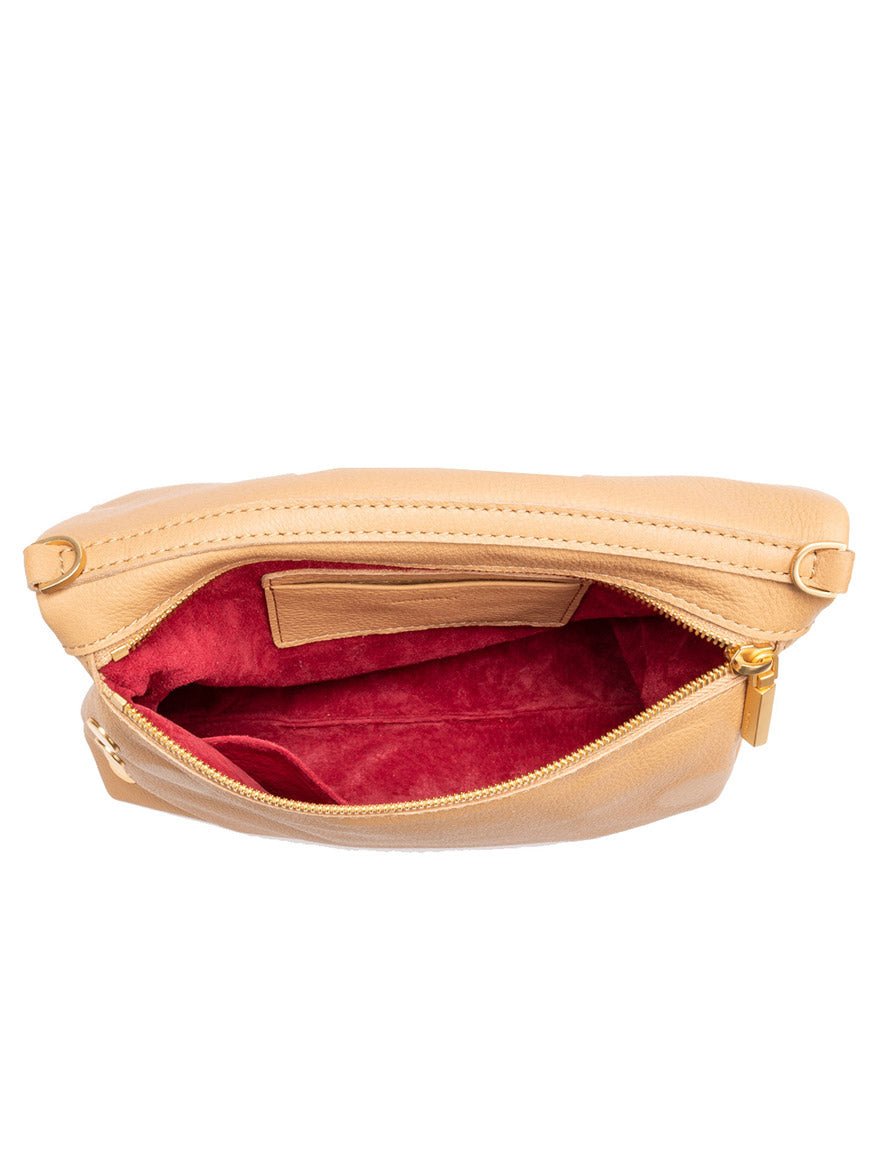 Top view of the Hammitt Los Angeles VIP Medium Clutch in Toast Tan/Brushed Gold, featuring pebbled tan leather, a gold zipper, red suede interior, and a small inner pocket.