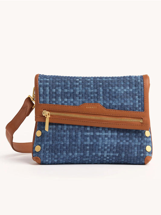 The Hammitt Los Angeles VIP Medium Clutch in Mosaic Denim/Brushed Gold features a blue woven design, brown leather trim, gold hardware, and a sturdy crossbody strap for convenient carrying.