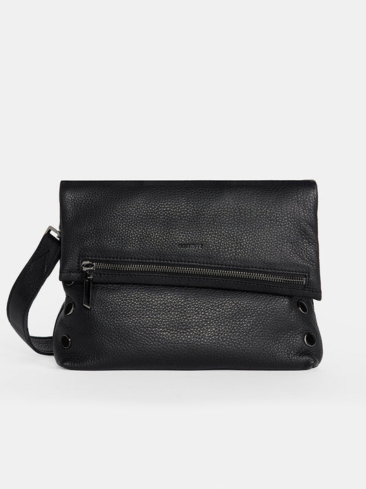 The Hammitt Los Angeles VIP Medium Clutch in Black/Gunmetal showcases pebbled leather, a fold-over flap, front zipper pocket, metal eyelets, and a detachable strap for wristlet or shoulder use—photographed on a plain white background.