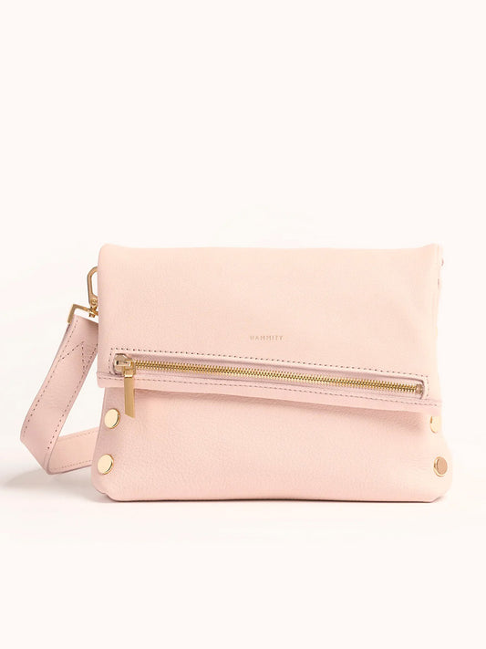 The Hammitt Los Angeles VIP Medium Clutch in Superbloom Pink features pebbled leather, a gold zipper, matching hardware, and a wide strap, shown against a plain background.