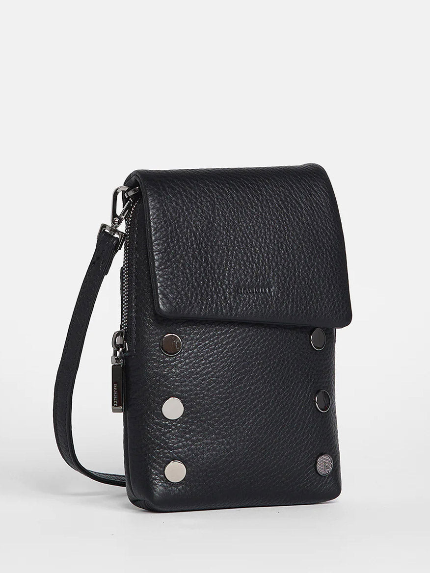 The Hammitt Los Angeles VIP Mobile in Black/Gunmetal is a small pebbled leather crossbody with a flap closure, gunmetal stud details, and a detachable strap, shown against a plain white background.