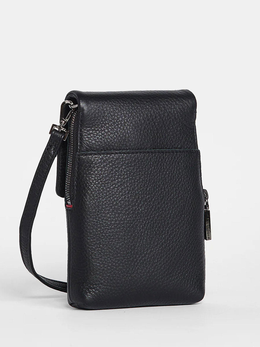 The Hammitt Los Angeles VIP Mobile in Black/Gunmetal is a black pebbled leather wristlet with a zippered top, external pocket, and wrist strap—ideal for those times when you want crossbody style in a compact handheld bag.