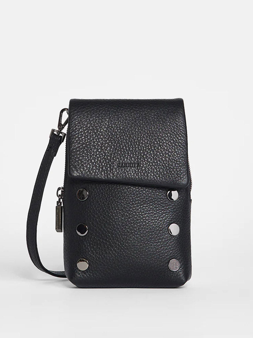 The Hammitt Los Angeles VIP Mobile in Black/Gunmetal is a compact pebbled leather crossbody bag with a flap closure and gunmetal grommet accents, ideal for carrying your essentials. Shown against a plain white background.
