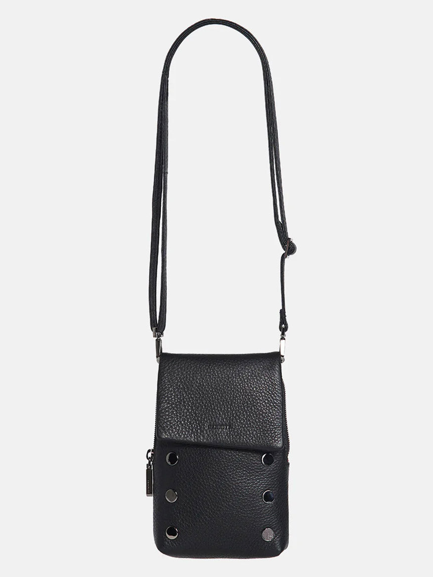 Carry your essentials in style with the Hammitt Los Angeles VIP Mobile in Black/Gunmetal—a black pebbled leather crossbody bag featuring a long adjustable strap, metal grommet details, and a side zipper for secure storage.