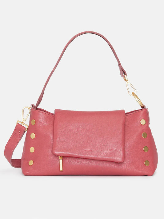 Hammitt Los Angeles VIP satchel in Rouge Pink with a detachable crossbody strap and gold stud embellishments, isolated on a white background.