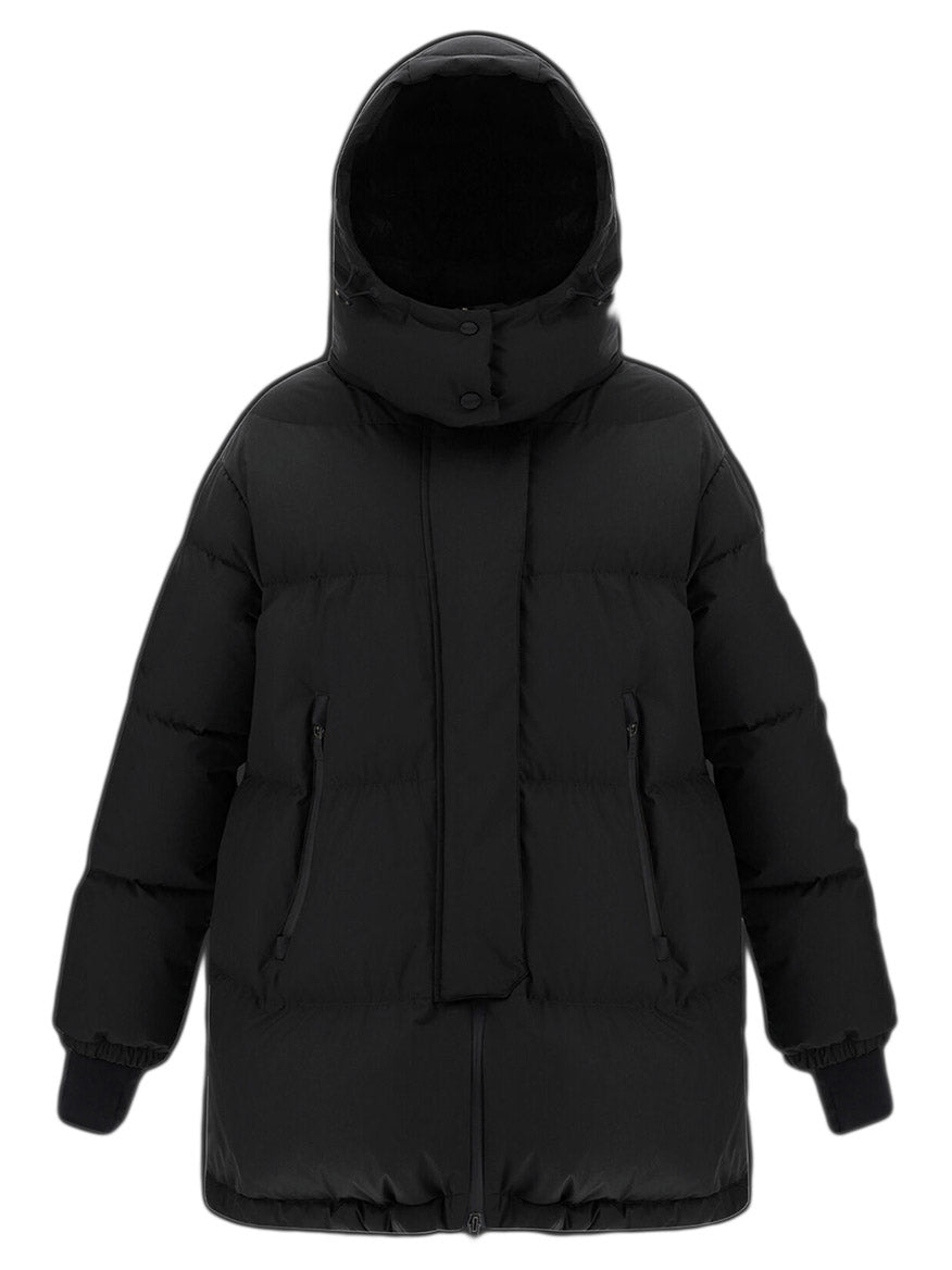 Herno Laminar Oversize Gore-Tex Windstopper Coat in Black with a hood, featuring a front zipper and side pockets, isolated on a white background.