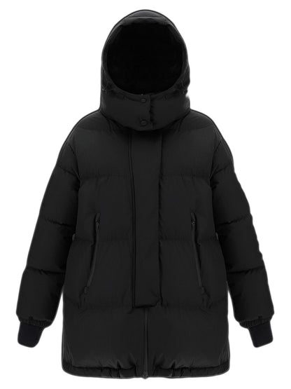 Herno Laminar Oversize Gore-Tex Windstopper Coat in Black with a hood, featuring a front zipper and side pockets, isolated on a white background.