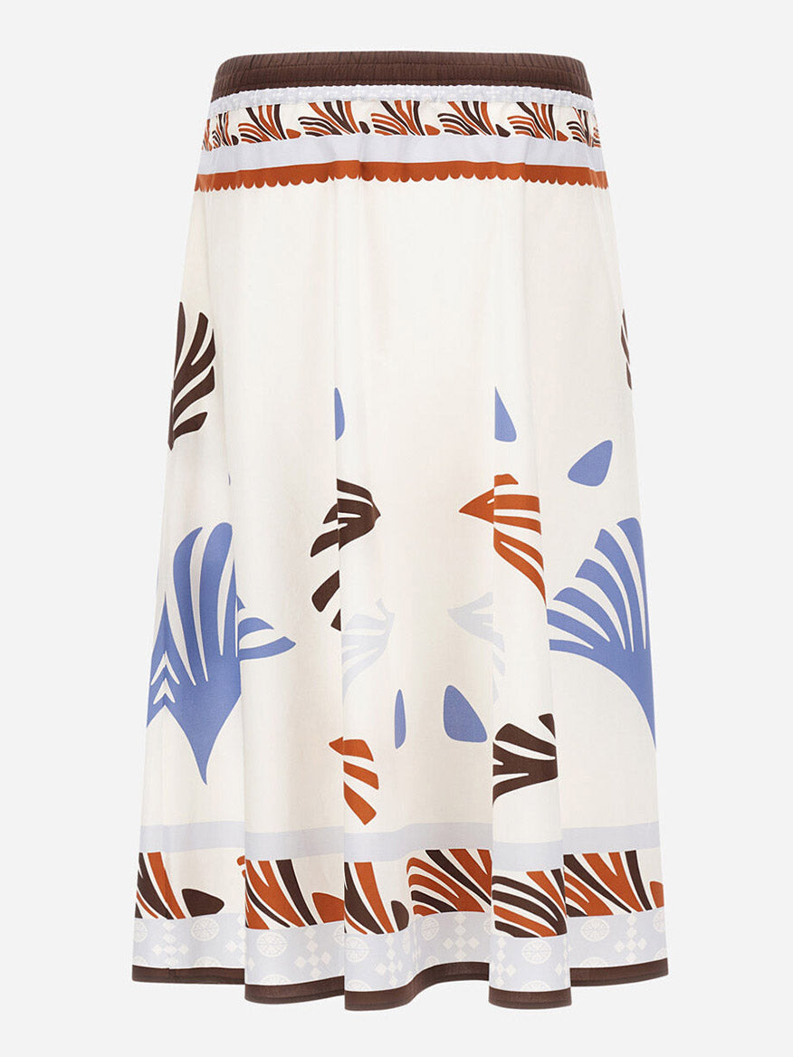 The Herno Summer Print Cotton Skirt in Multicolor is a white A-line cotton skirt with brown, blue, and orange geometric leaf prints, finished with a brown waistband and border trim.