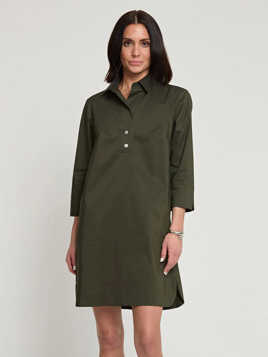 A woman stands against a plain background wearing the Hinson Wu Aileen 3/4 Sleeve Button Back Dress in Oregano.