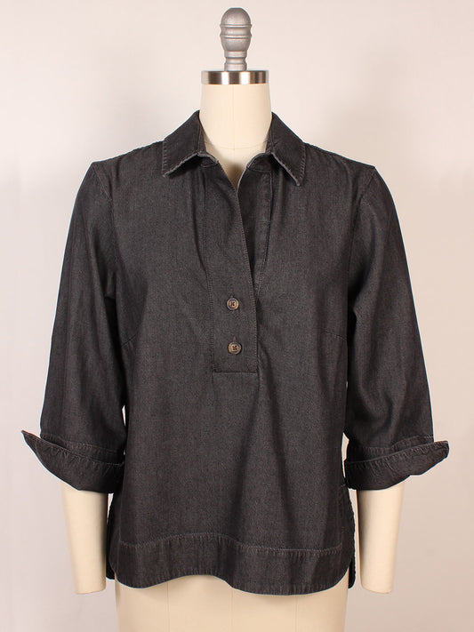 The Hinson Wu Aileen 3/4 Sleeve Denim Shirt in Black Wash is a dark gray, collared shirt with a partial button placket, crafted from quality fabric and shown on a dress form against a plain background.