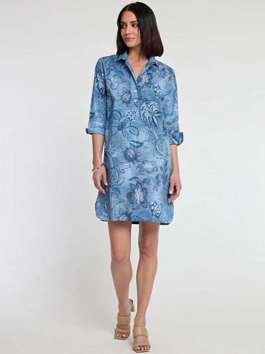 Woman modeling a blue Hinson Wu Charlotte 3/4 Sleeve Passionflower Print Dress with open-toed heels.
