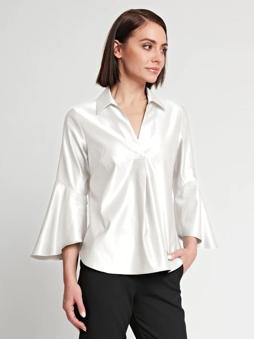 Hinson Wu Nicole Bracelet Sleeve Silk Satin Top in Cloud