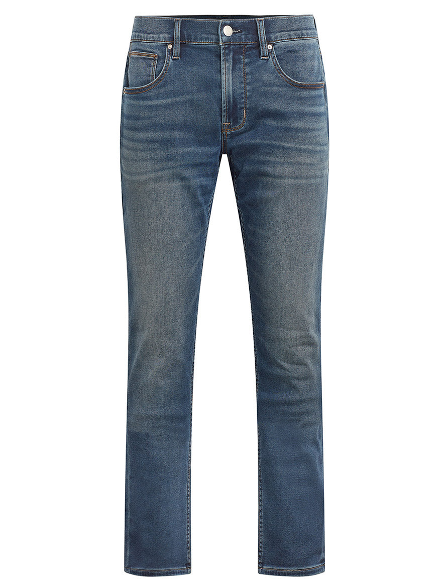 A pair of Hudson Blake Slim Straight Jeans in Riptide, isolated on a white background.