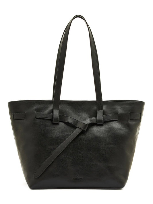 The Il Bisonte Elisa Tote in Black Cowhide Leather is an Italian-made women’s bag with two handles and a decorative front strap detail, shown on a white background.