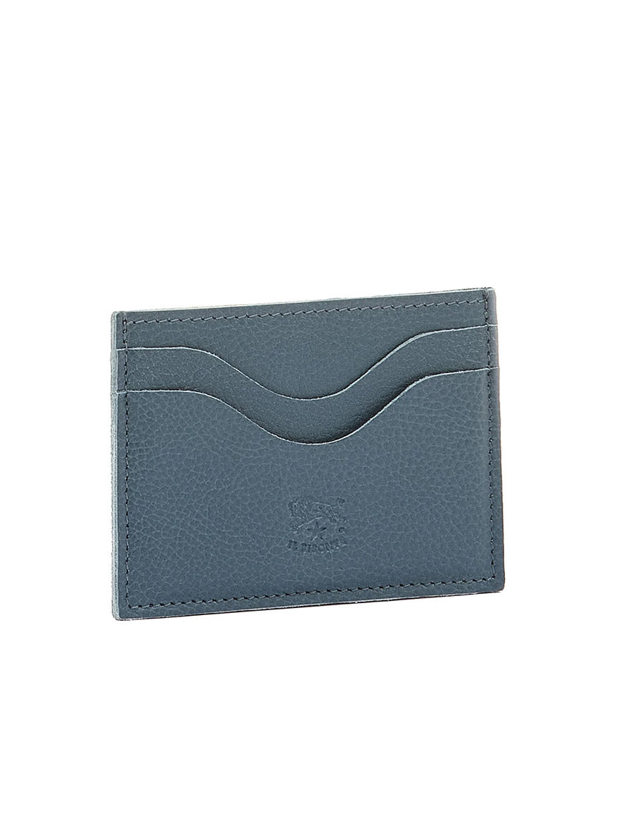 The Il Bisonte Salina Card Case in Blue Denim Leather is crafted from vegetable-tanned cowhide with two front slots and an embossed logo. Made in Italy, it offers elegance and durability.