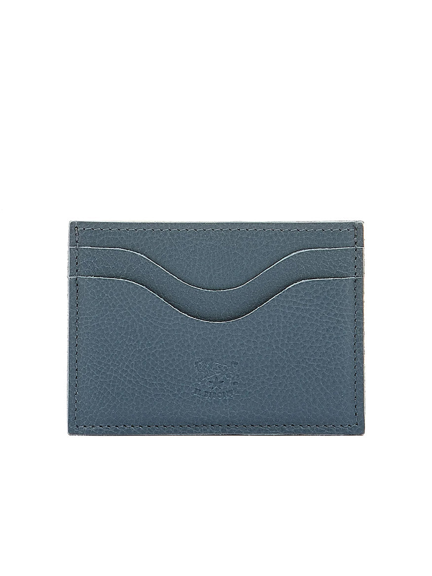 The Il Bisonte Salina Card Case in Blue Denim Leather is crafted from vegetable-tanned cowhide with two curved front slots. Made in Italy with precision and care, this sleek accessory is perfect for securely holding your essentials.