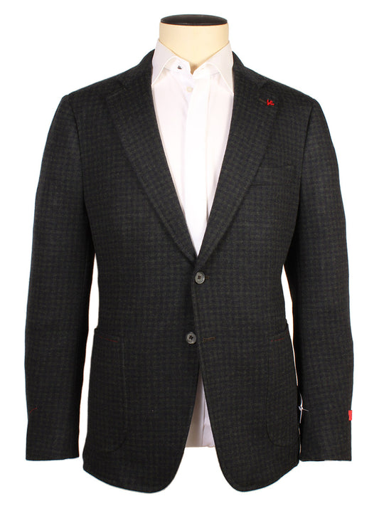 The Isaia Double-Face Jersey Sport Jacket in dark green/navy check, crafted in Italy, is styled with a white dress shirt and showcased on a headless mannequin.