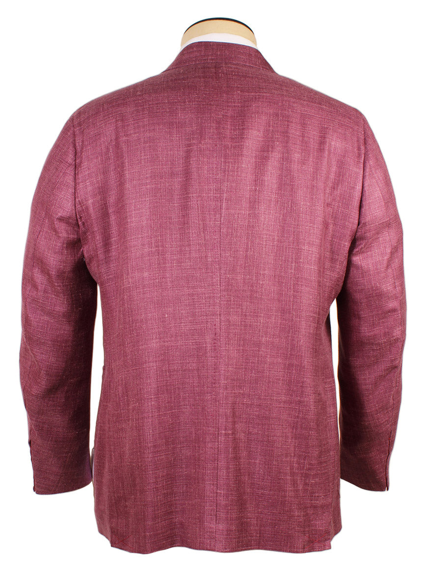 The Isaia Capri Sport Jacket in Berry, crafted in Italy from a luxurious silk/wool blend, is displayed on a mannequin and shown from the back.