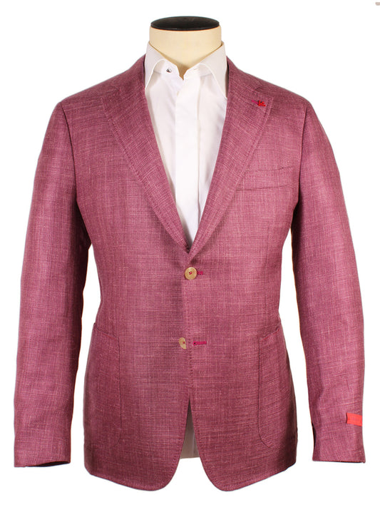The Isaia Capri Sport Jacket in Berry is a mauve, textured silk/wool blend jacket with notch lapels, two front buttons, and patch pockets, shown on a mannequin over a white dress shirt. Made in Italy for refined style.