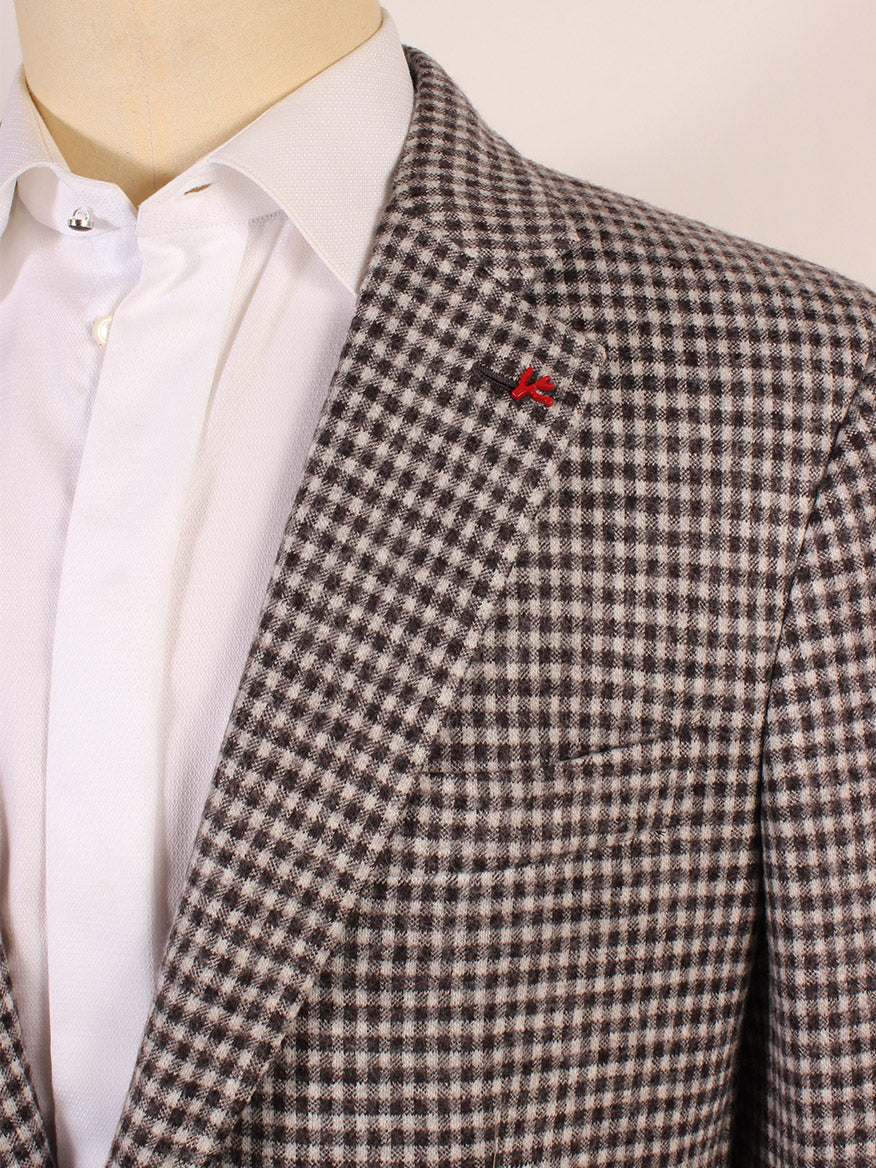 Mannequin dressed in an Isaia Double-Face Wool Sport Jacket in Dark Brown Check, featuring notched lapels and a houndstooth pattern, with a small red logo on the lapel.