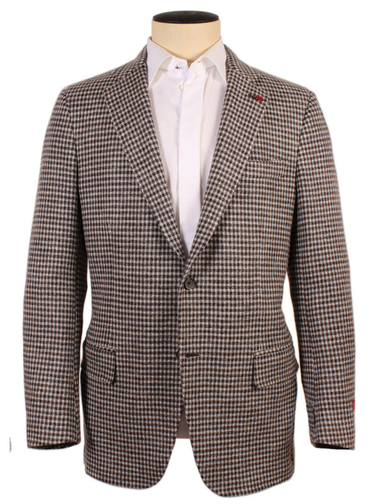 A mannequin displaying an Isaia Double-Face Wool Sport Jacket in Dark Brown Check with notched lapels, paired with a white button-down shirt.