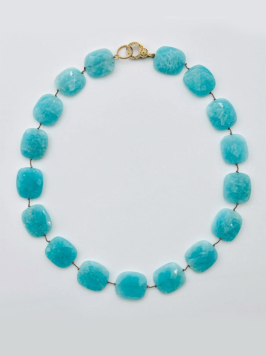 A limited edition JMNYC Designs Flat Faceted Amazonite Necklace, 18" long, features flat stones and an 18k vermeil diamond clasp.
