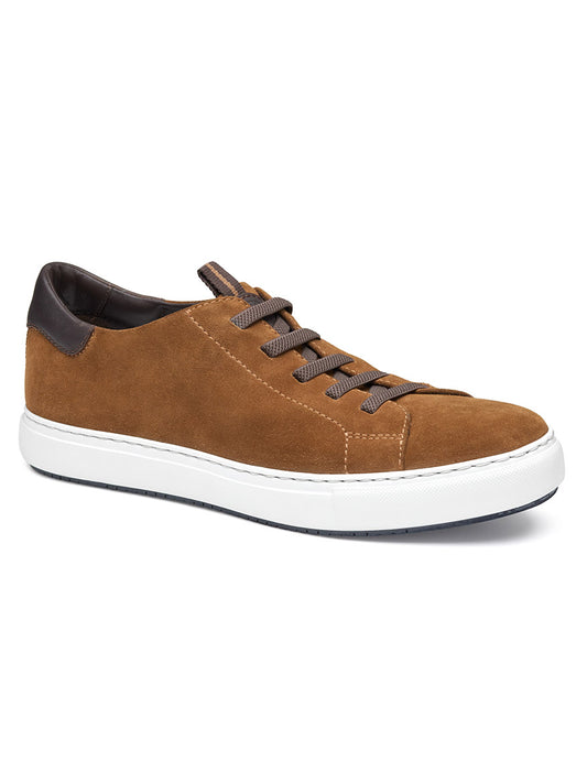 The J & M Collection Anson Lace-to-Toe in Snuff English Suede is a retro sneaker with brown premium suede, dark brown laces, a white rubber sole, and a dark brown heel accent—shown from a side angle.