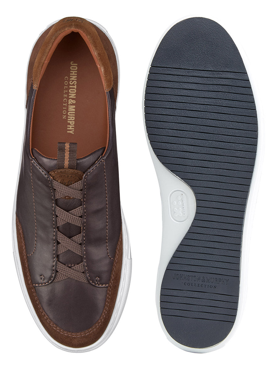 Top and bottom view of the J & M Collection Anson Stretch Lace-to-Toe Dark Brown English Suede/Sheepskin retro-style sneaker with a white EVA outsole.
