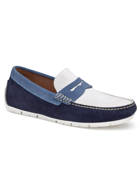 Men's J & M Collection Baldwin Driver Penny in Navy Multi English Suede boat shoe with white stitching and rubber driver outsole.